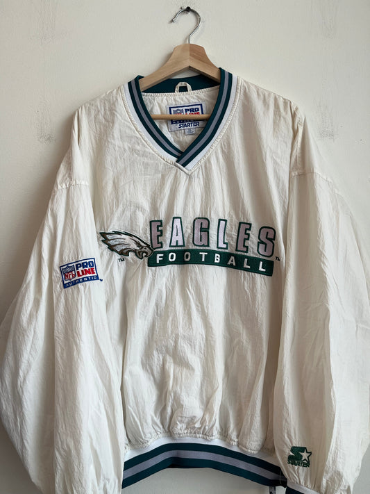 1990s Philadelphia Eagles Embroidered Spell Out White Starter Windbreaker (XL)