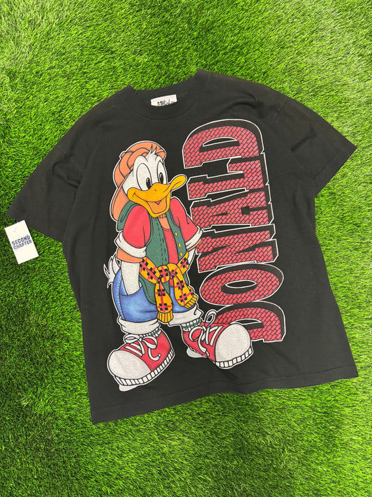 90s Donald Duck Big Character Vintage Hip Hop Disney Cartoon Tee (XL)