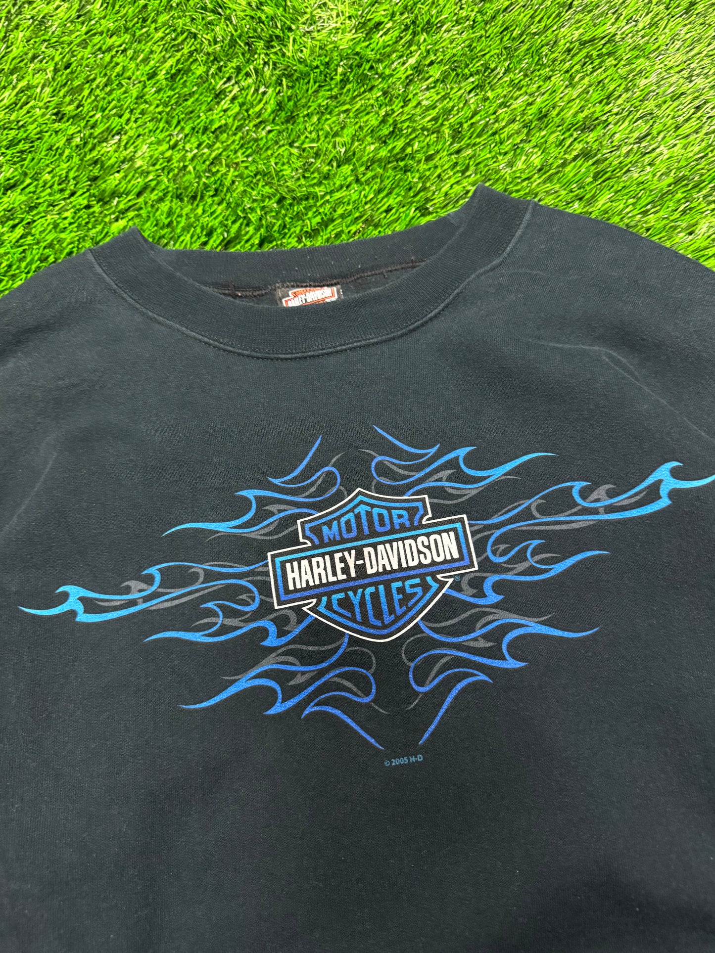 2005 Harley Davidson Vintage Blue Flames Tribal Baltimore Vintage Crewneck (L)