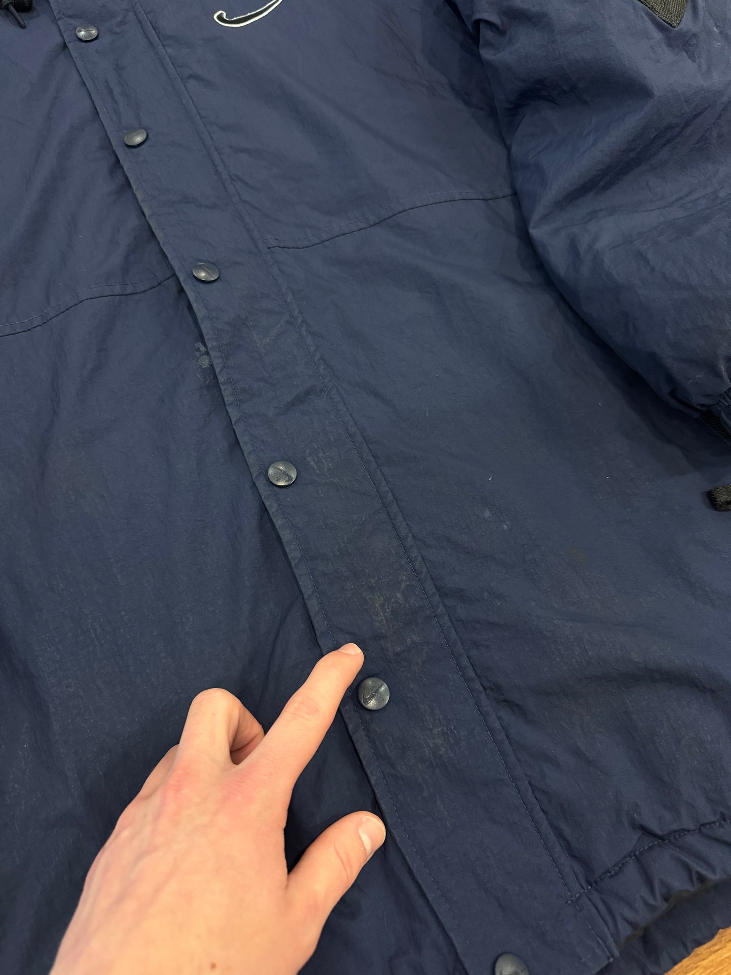 90s Nike Navy Big Swoosh Parka Puffer Jacket (L)