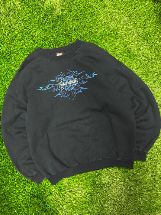 2005 Harley Davidson Vintage Blue Flames Tribal Baltimore Vintage Crewneck (L)