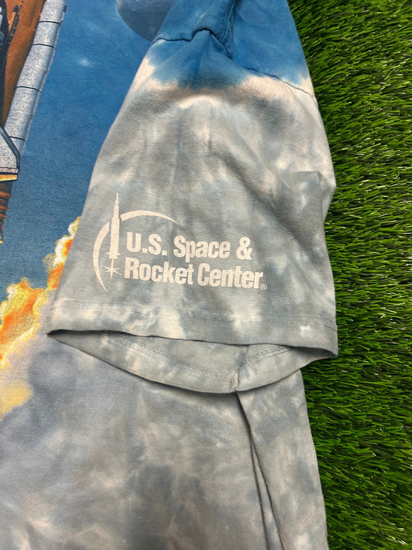 90s Boeing AOP Rocket Endeavor Space Shuttle Vintage Liquid Blue Tie Dye Tee (XXL)