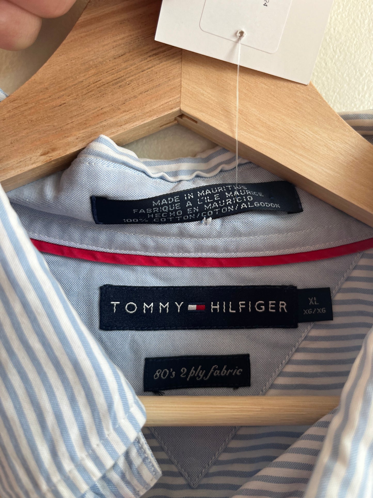 00s Tommy Hilfiger Pinstripe Blue Button Down Polo Shirt (XL)