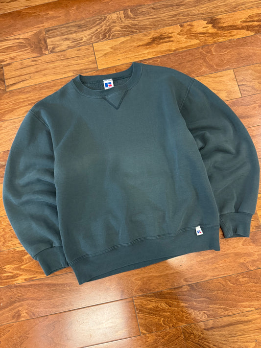 90s Russell Athletics Blank Green Faded Essential Crewneck (M)