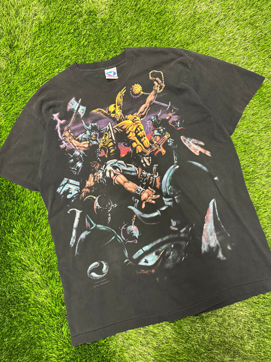 90s Greek Gods Vintage John Connell AOP Liquid Blue Tee (XXL)