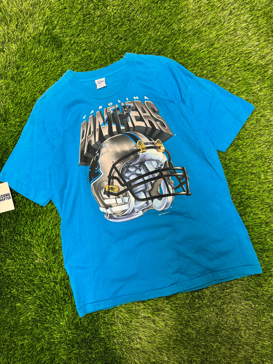 1995 Carolina Panthers Salem Sportswear Big Helmet Graphic Blue Vintage Tee (L)