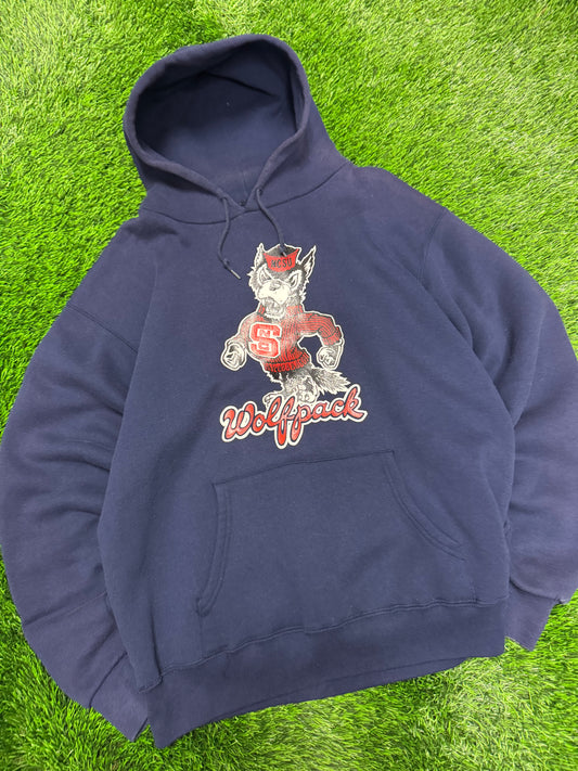 Vintage NC State University (NCSU) Wolfpack Navy Mascot Hoodie (L)