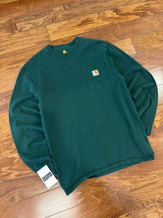 00s Carhartt Forest Green Essential Long-Sleeve Shirt (S)