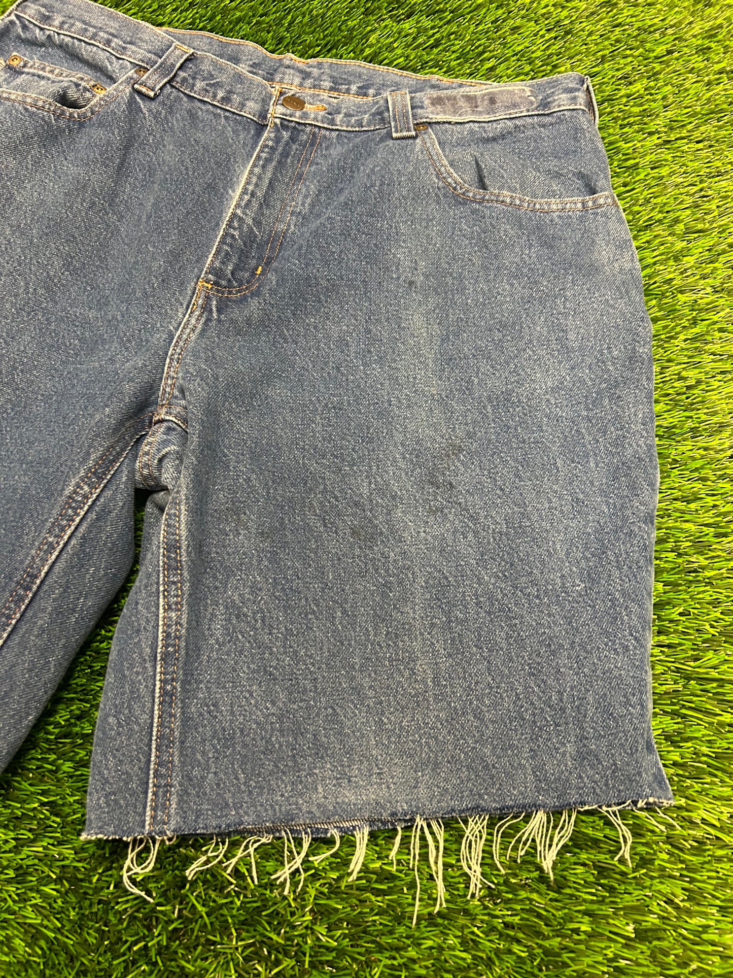 Carhartt Dark Wash Frayed Cut Off Jean Shorts (36)
