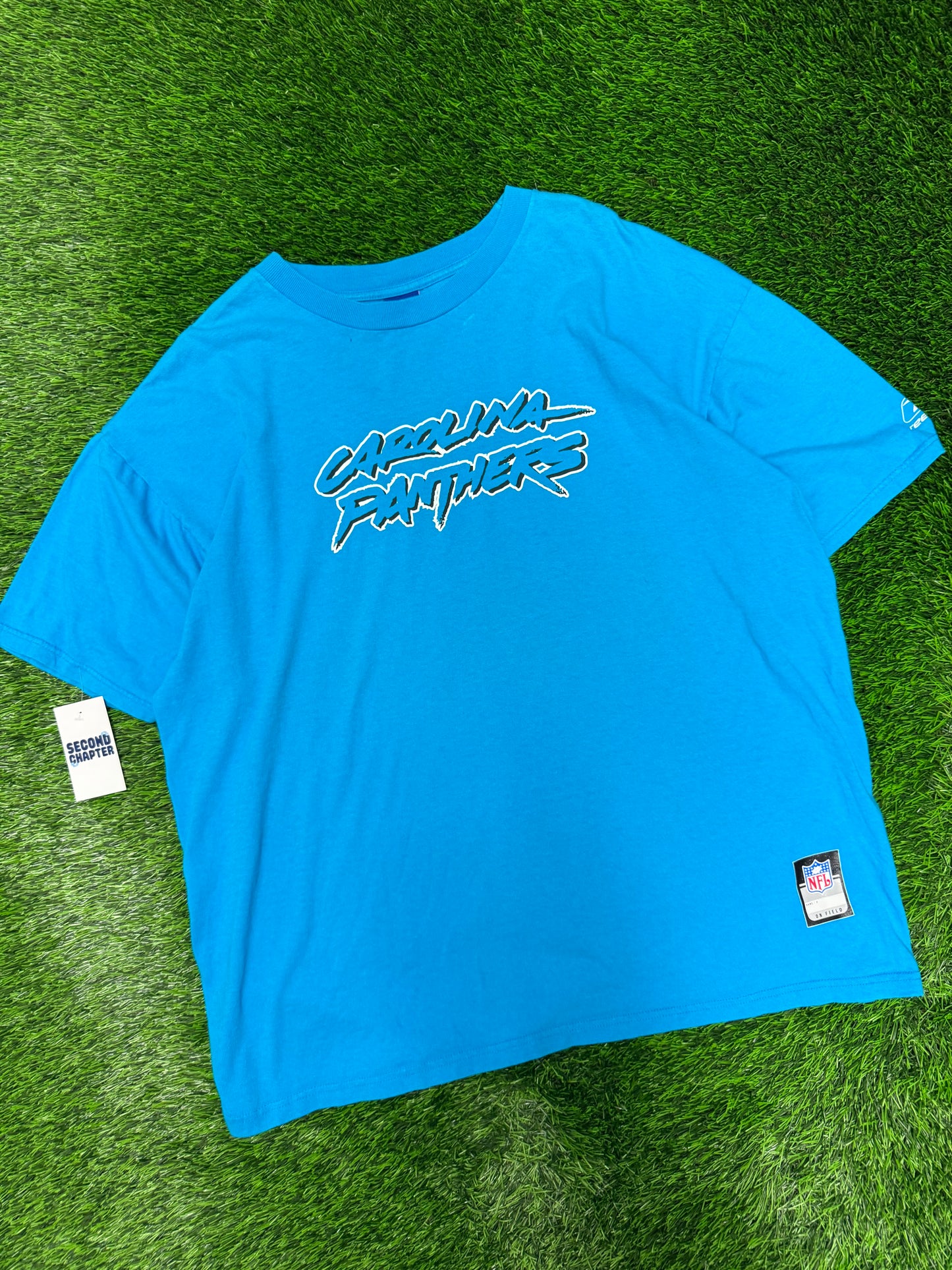 00s Carolina Panthers Blue Spell Out Cat Scratch Tee (XL)