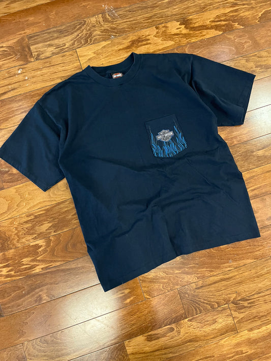 2003 Harley Davidson Blue Flames Atlanta Pocket Tee (XL)