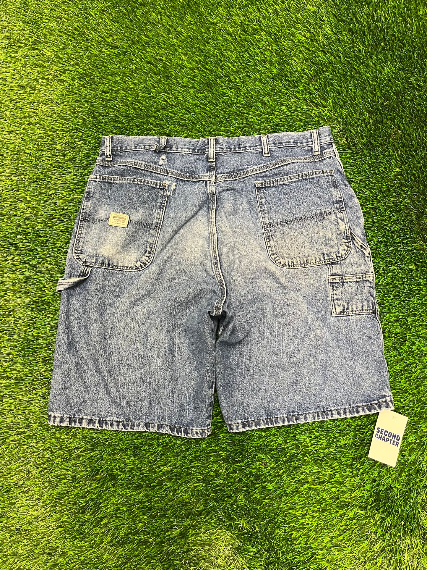 00s Wrangler Originals Carpenter Workwear Dark Blue Distressed Jean Shorts (38)