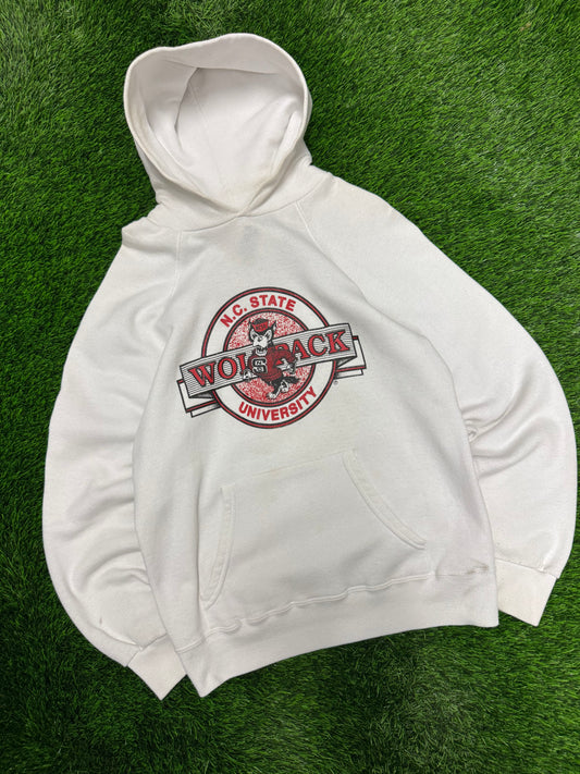 80s NC State University (NCSU) Wolfpack Vintage White Mascot Hoodie (L)