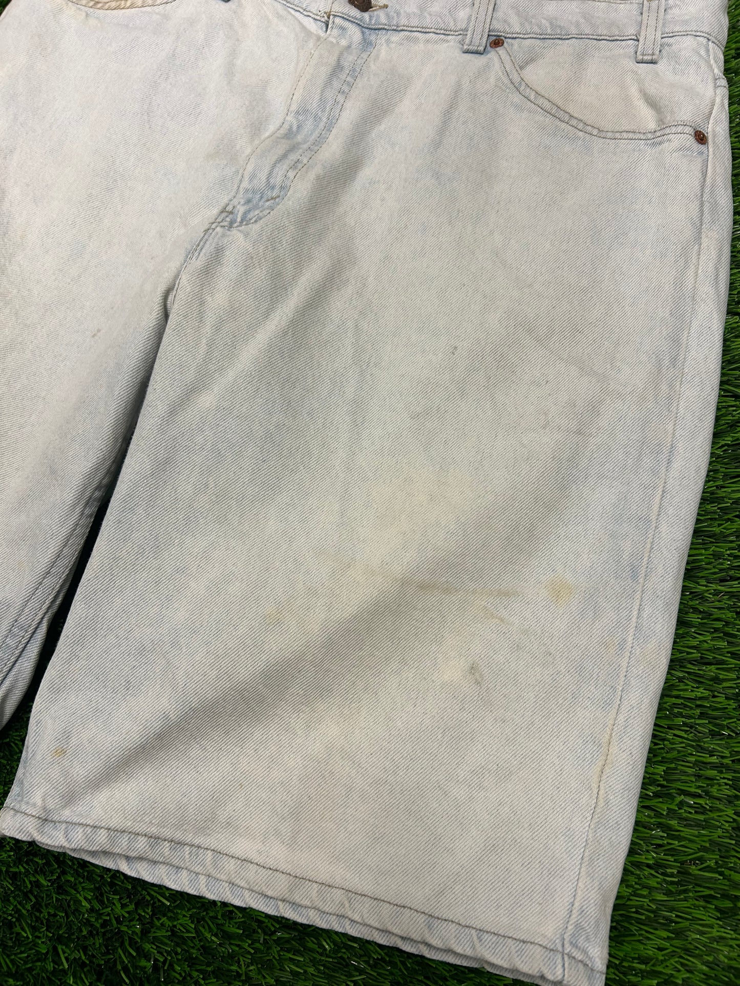 1994 Vintage Levi's 550 Orange Tab Faded Light Wash Jean Shorts (38)