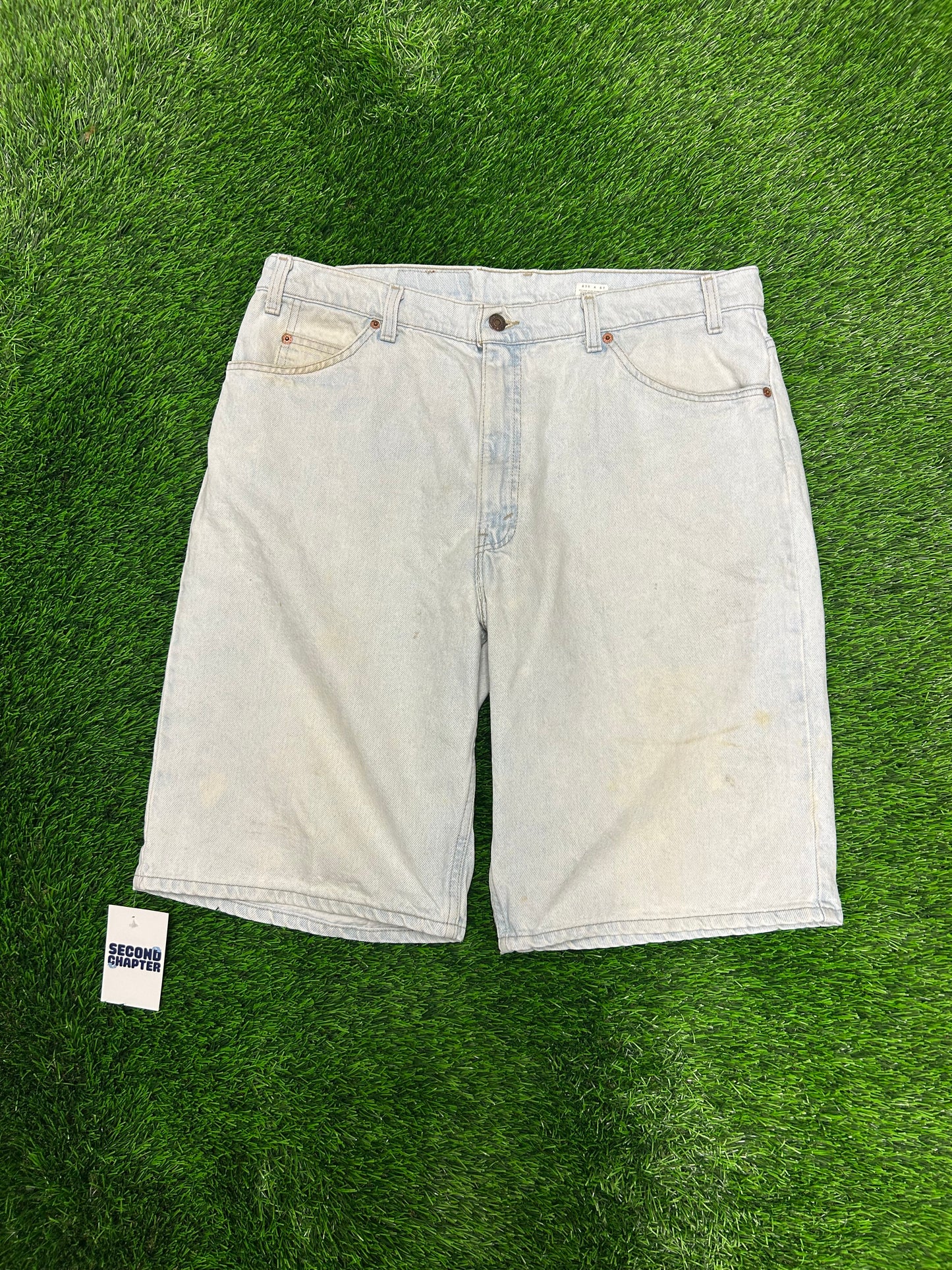 1994 Vintage Levi's 550 Orange Tab Faded Light Wash Jean Shorts (38)