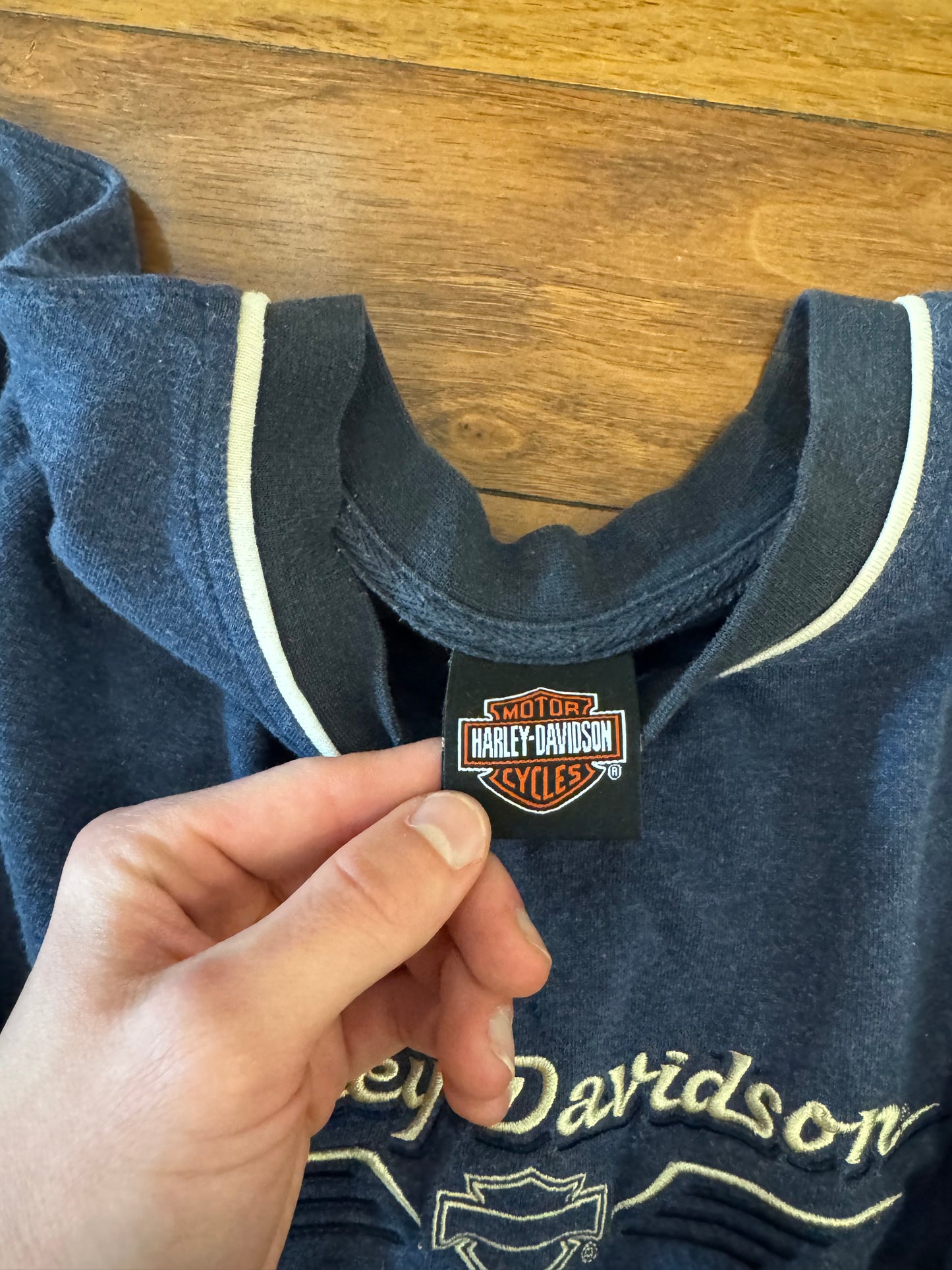 00s Harley Blue Embroidered Ringer Tee (XXL)