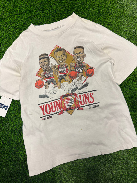 90s Vintage Portland Trail Blazers Caricature Young Guns Thrashed Tee (L)