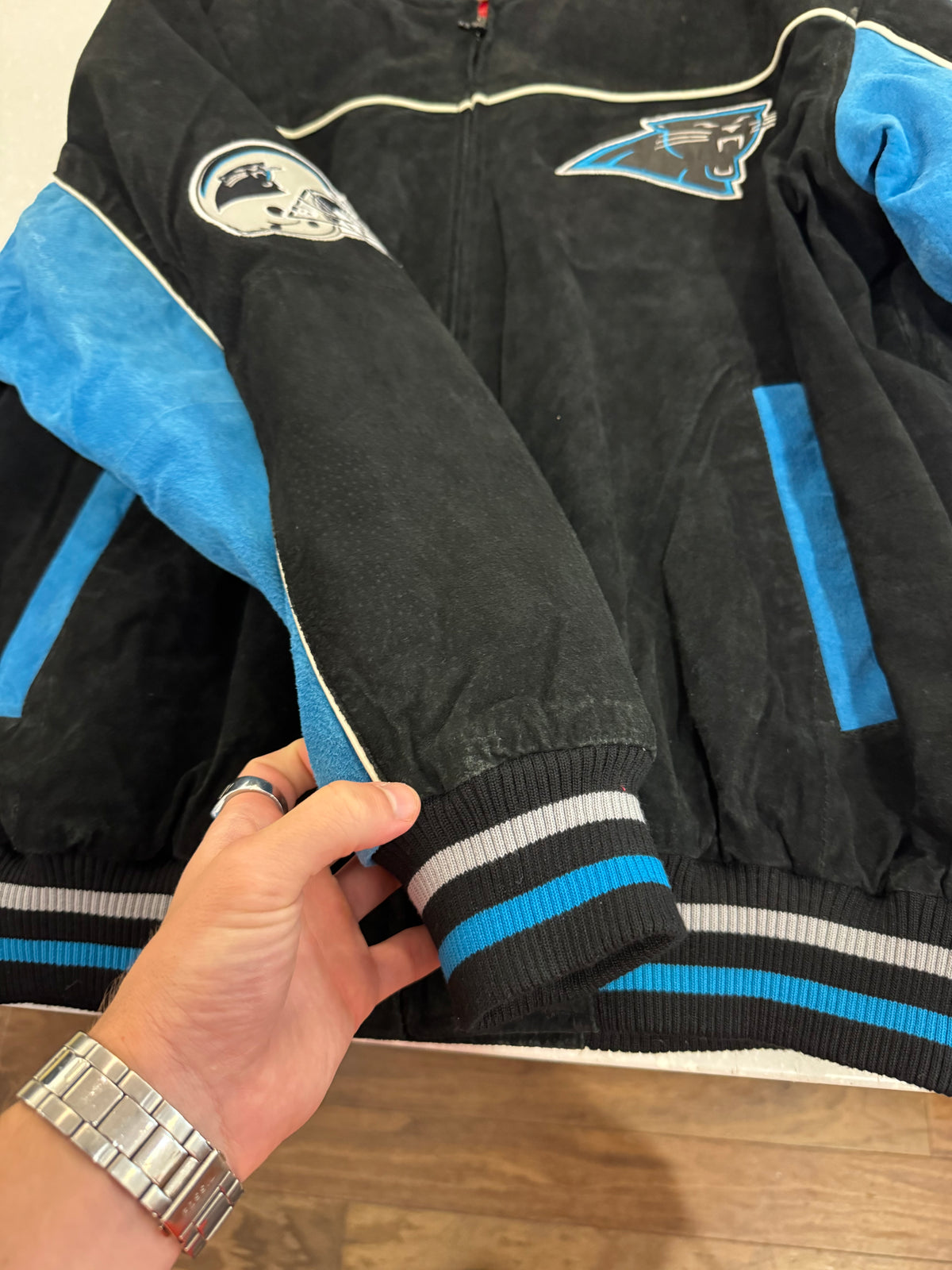 00s Carolina Panthers Cat Scratch Spell Out Seude Full Zip Jacket (L)