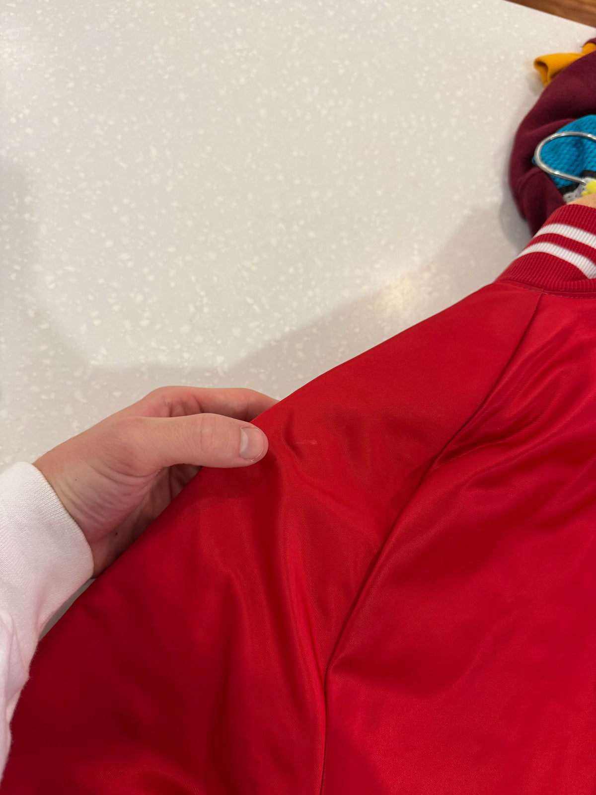 90s Brooklyn Script Red Vintage Satin Jacket (S)