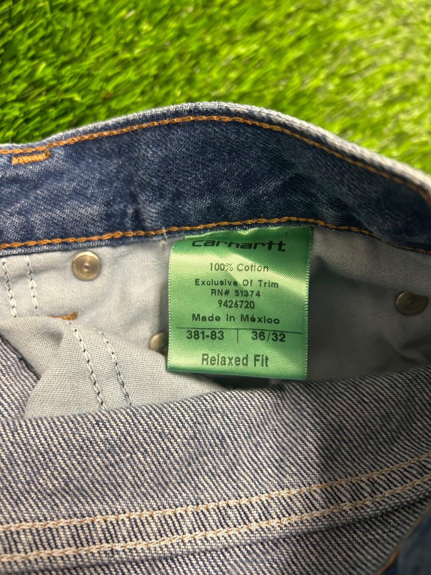 Carhartt Dark Wash Frayed Cut Off Jean Shorts (36)