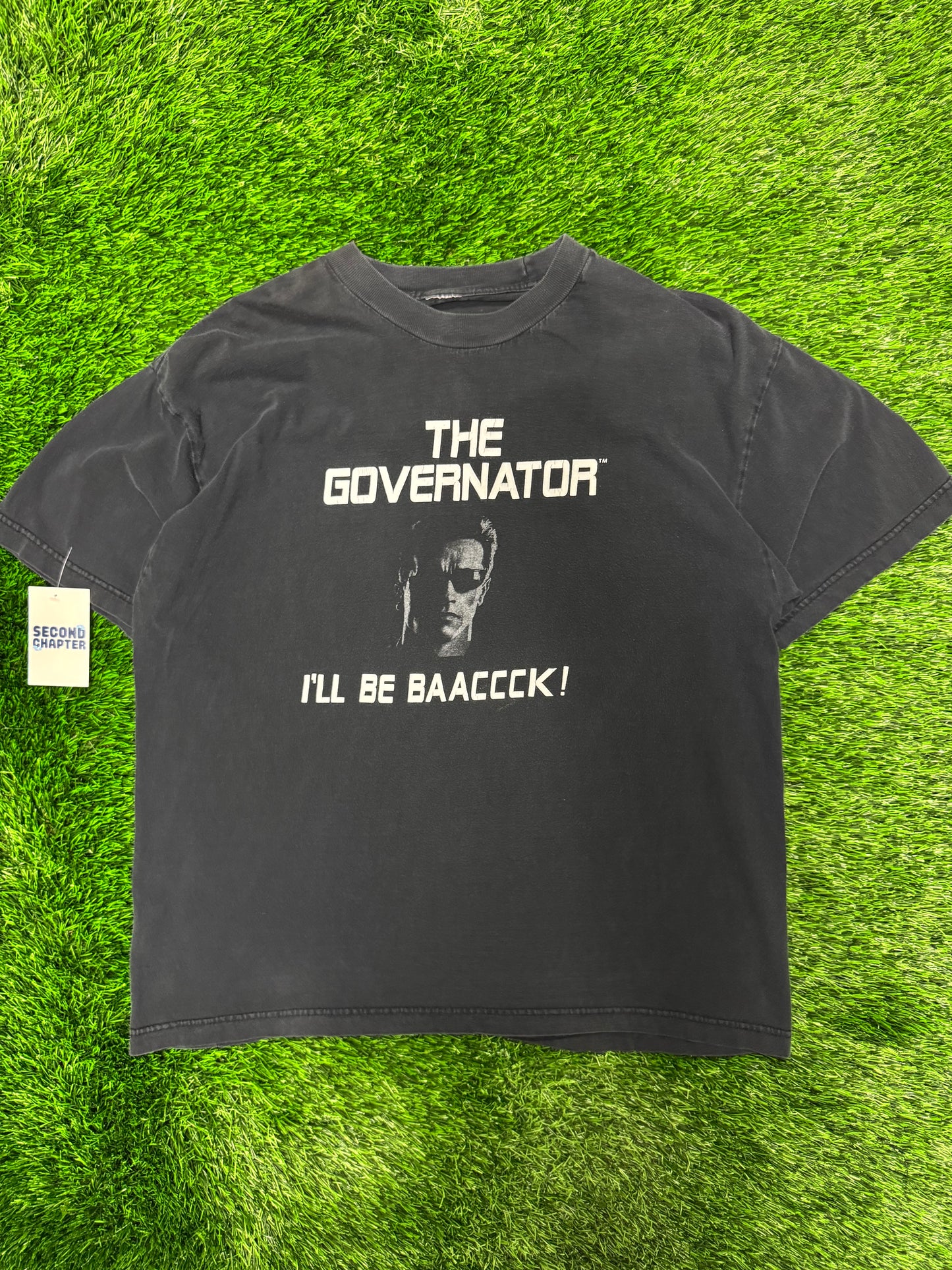 00s Arnold Schwarzenegger The Governator "I'll Be Baaccck!" Vintage Terminator Parody Tee (XL)