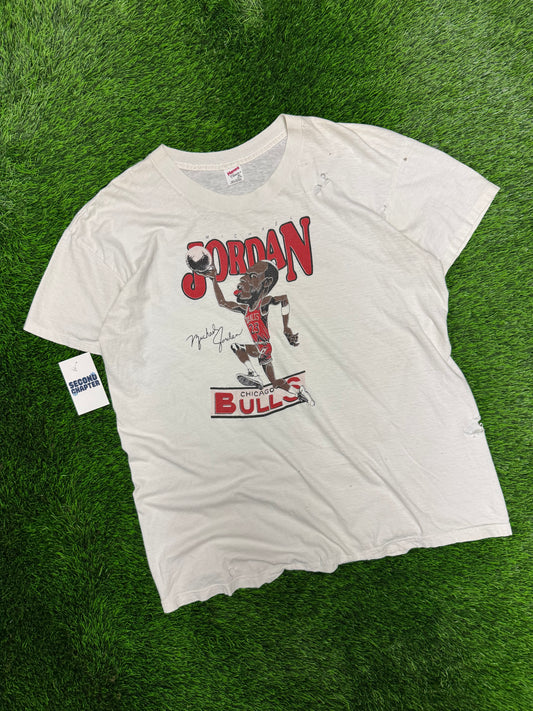 90s Michael Jordan Chicago Bulls Dunk Caricature Thrashed Vintage Tee (XL)