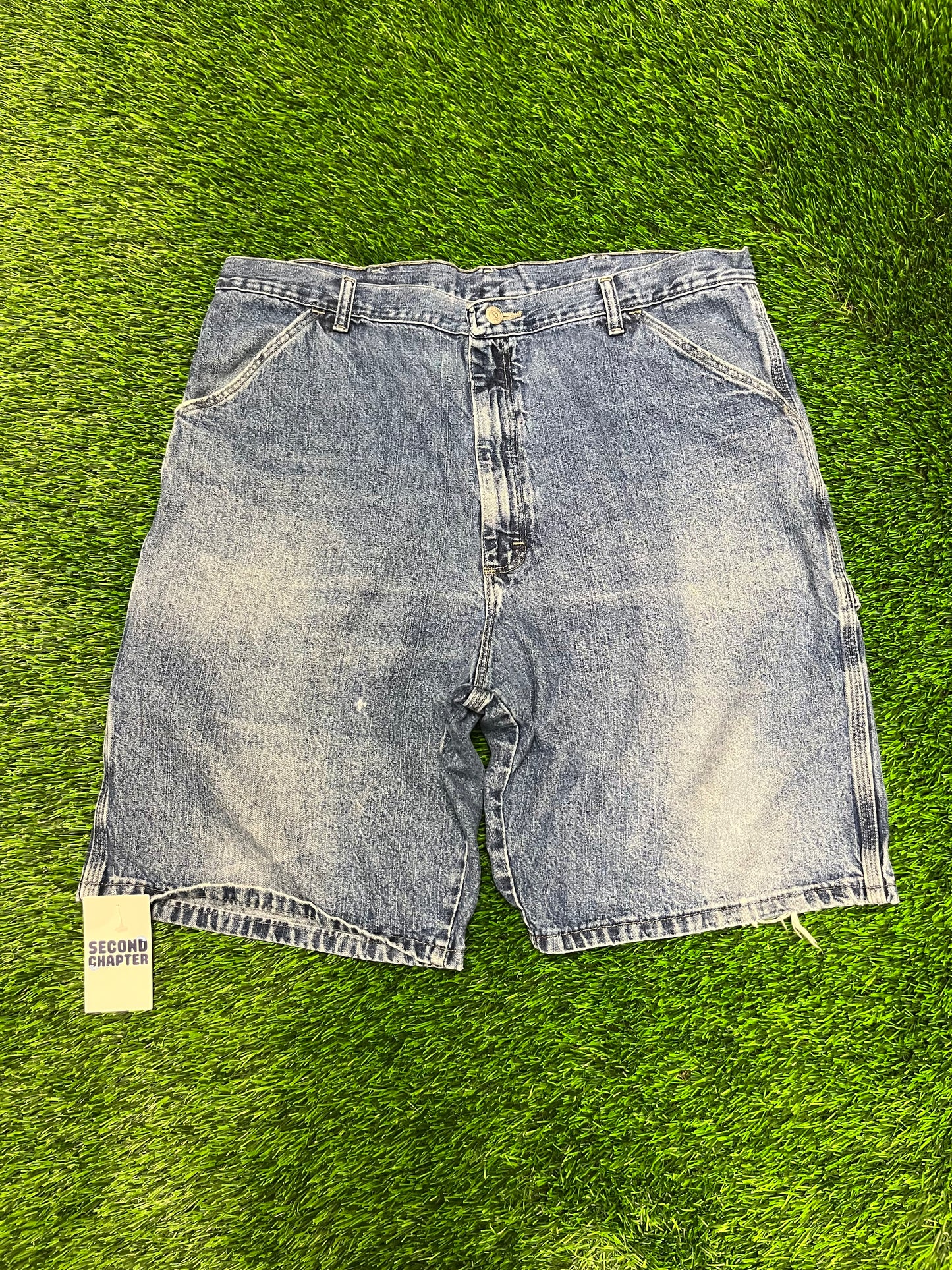 00s Wrangler Originals Carpenter Workwear Dark Blue Distressed Jean Shorts (38)