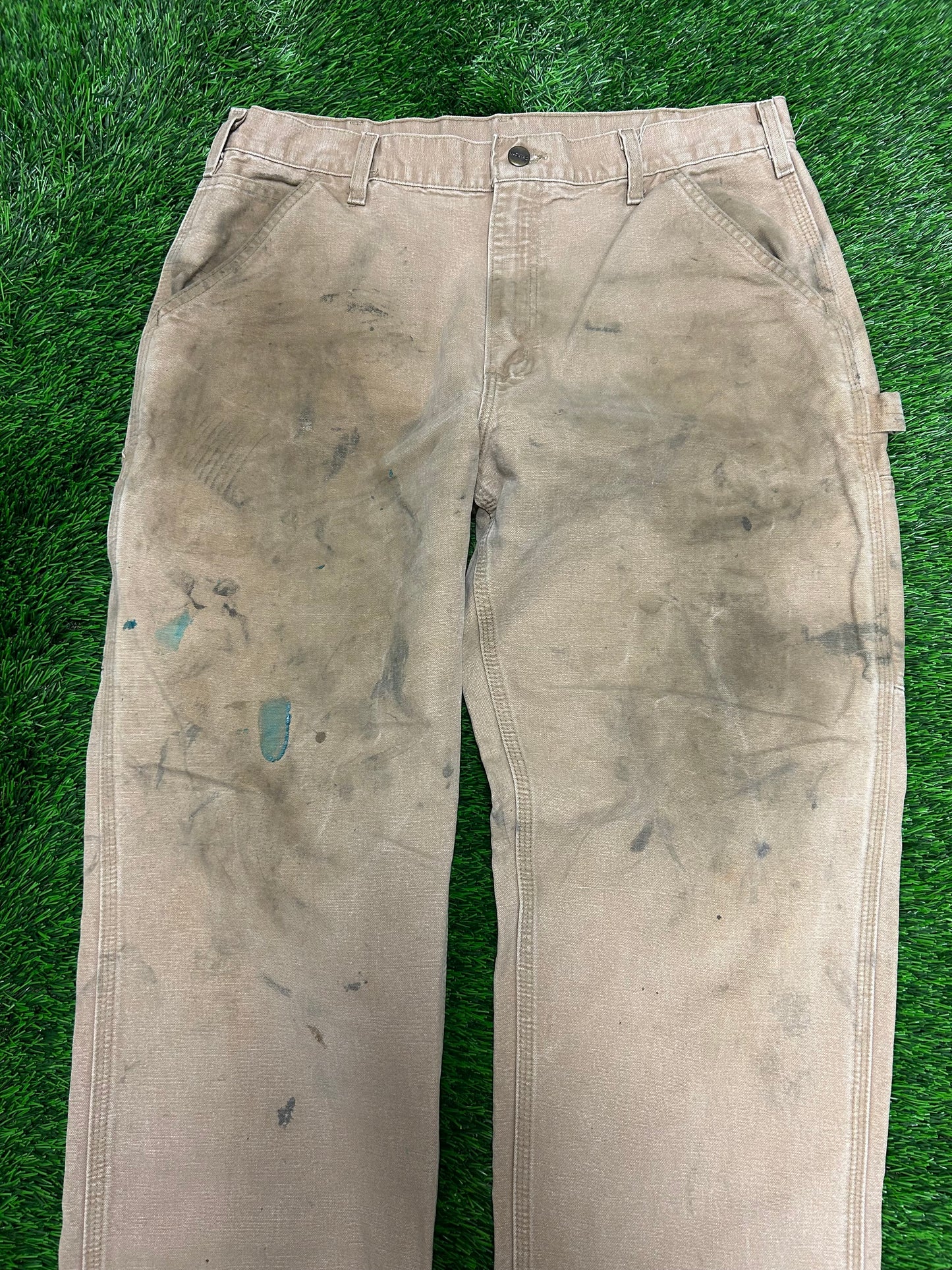 2007 Vintage Carhartt Thrashed Tan Workwear Carpenter Pants (35 x 30)