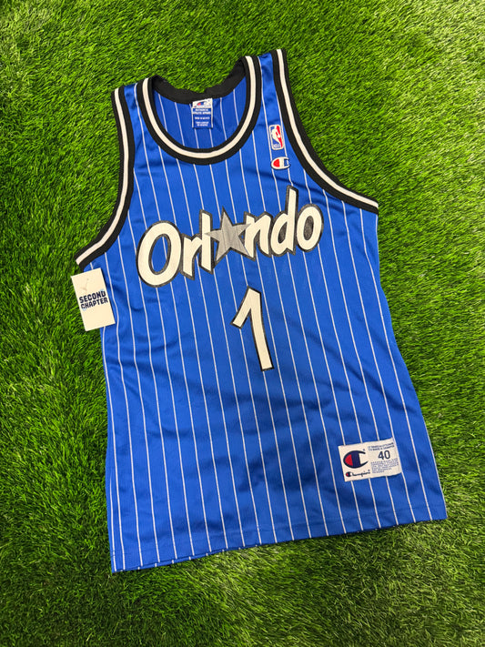 90s Orlando Magic Penny Hardaway #1 Champion Vintage Blue Pinstripe NBA Jersey (S)
