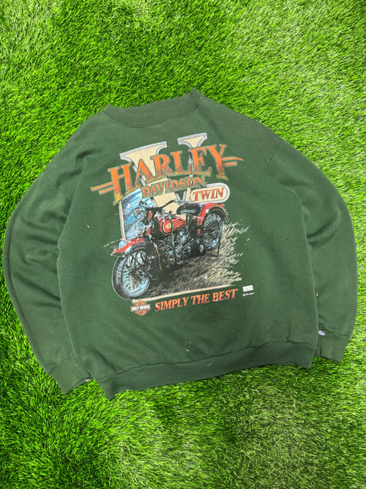 90s Harley Davidson Twin Faded Green Paint Splatter Crewneck (L)