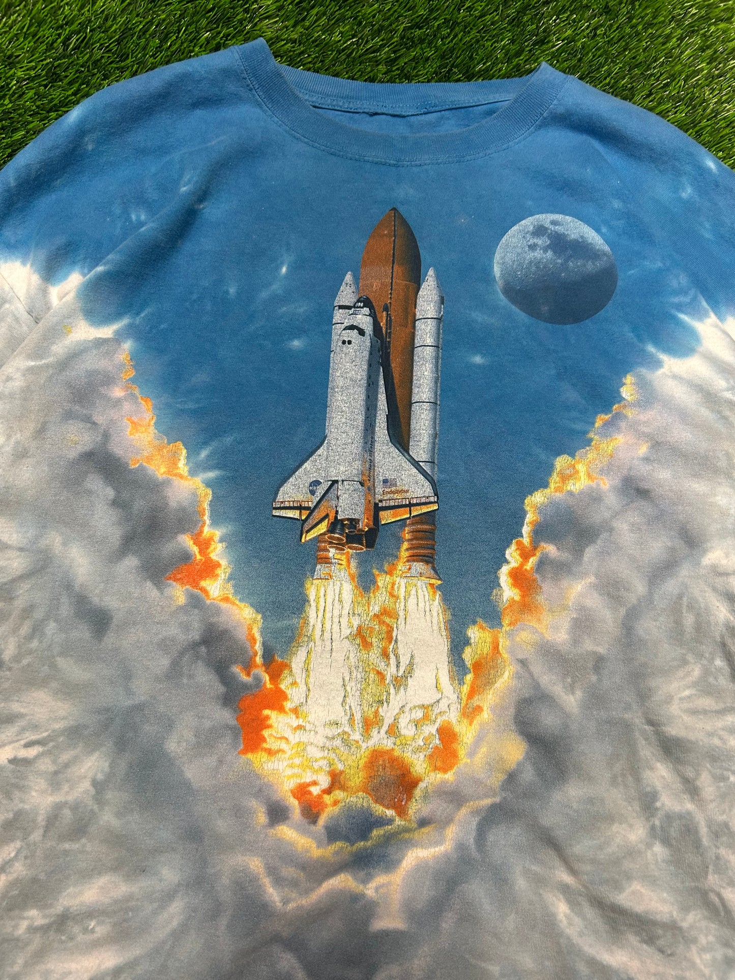 90s Boeing AOP Rocket Endeavor Space Shuttle Vintage Liquid Blue Tie Dye Tee (XXL)