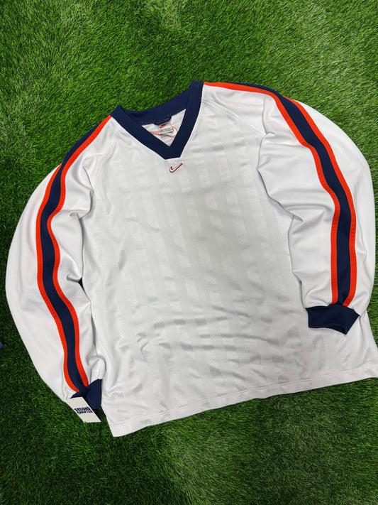 90s Nike Vintage Center Swoosh White Striped Long Sleeve Pullover Jersey (XXL)