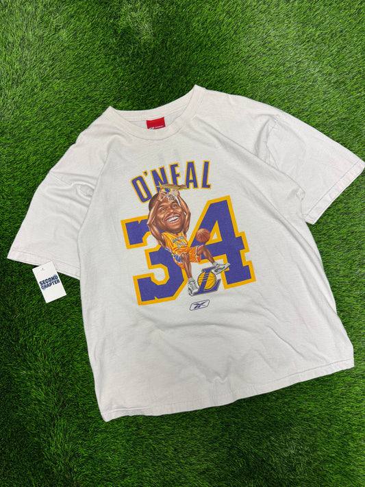 00s Los Angeles Lakers Reebok Shaquille O'Neal Caricature Dunk Vintage NBA Tee (L)