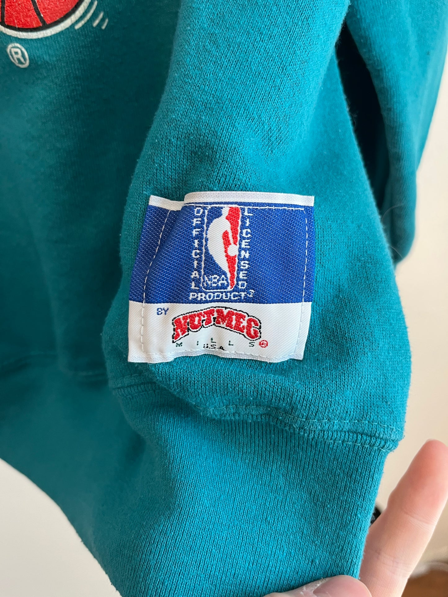 90s Charlotte Hornets Nutmeg Big Spell Out Graphic Teal Crewneck (L)