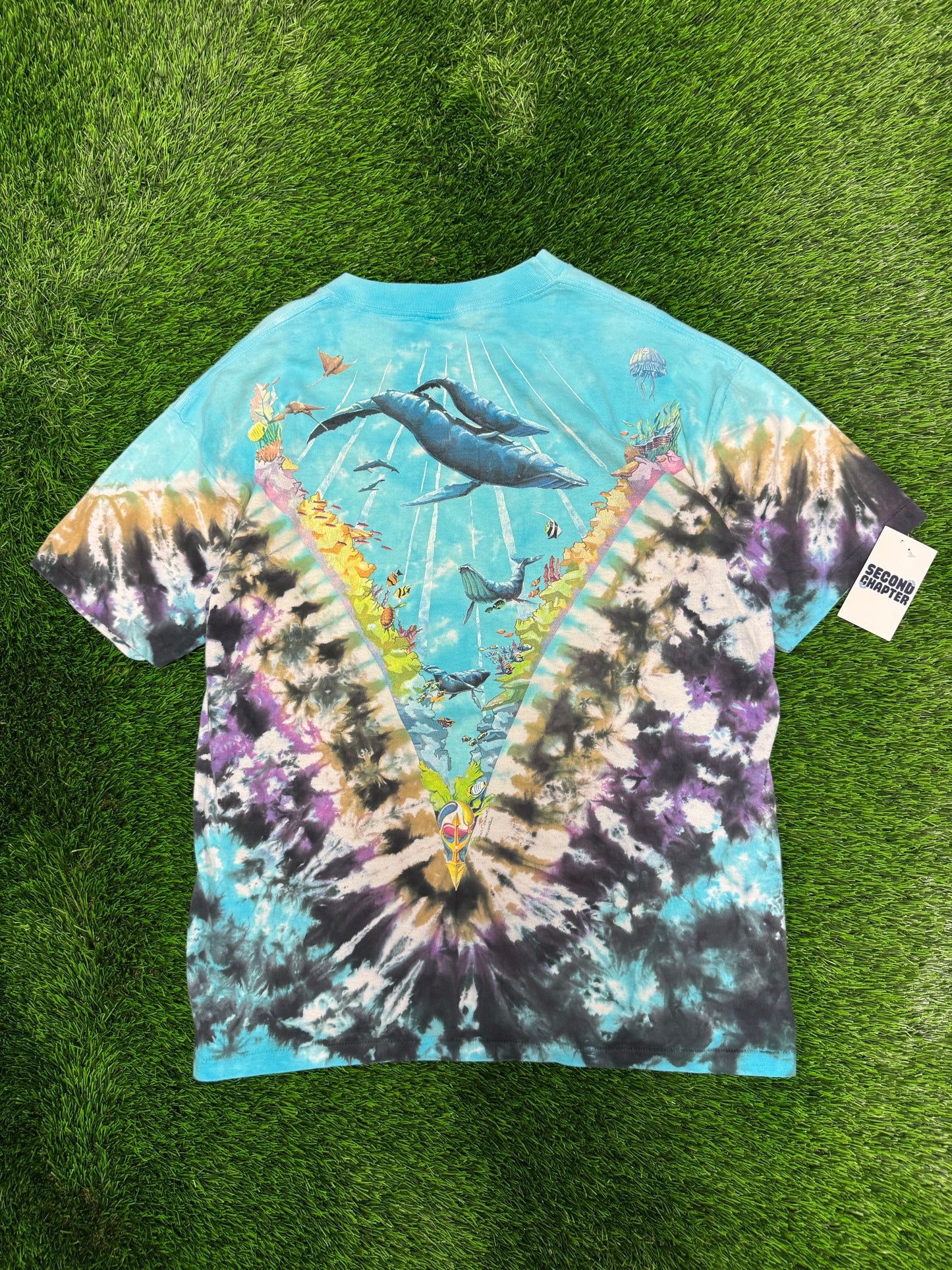 1990 Liquid Blue Tie Dye Aquatic All Over Print Vintage John Connell Art Tee (XL)