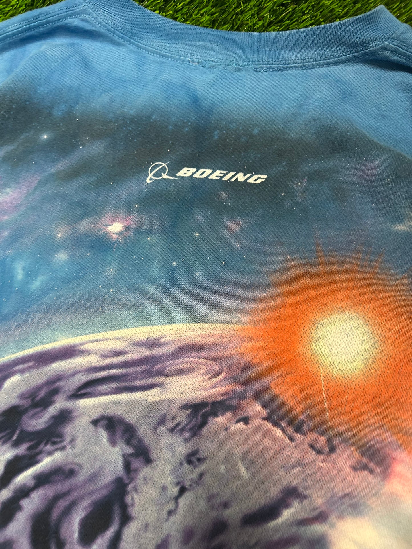 90s Boeing AOP Rocket Endeavor Space Shuttle Vintage Liquid Blue Tie Dye Tee (XXL)