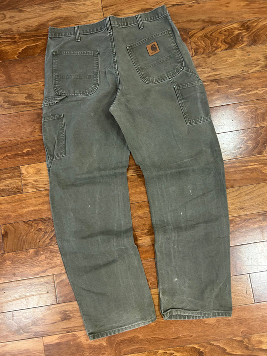 00s Carhartt Olive Green Distressed Carpenter Pants (36 x 34)