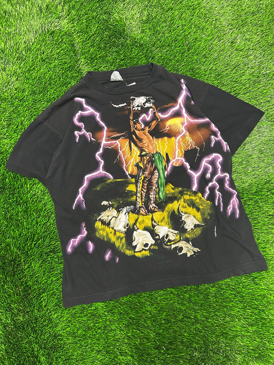 90s American Thunder Purple Lightning AOP Native Chief Forever Free Tee (L)