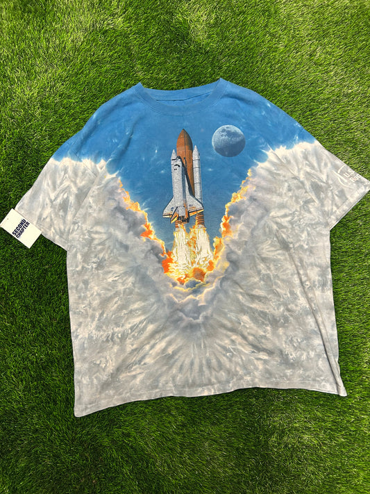 90s Boeing AOP Rocket Endeavor Space Shuttle Vintage Liquid Blue Tie Dye Tee (XXL)