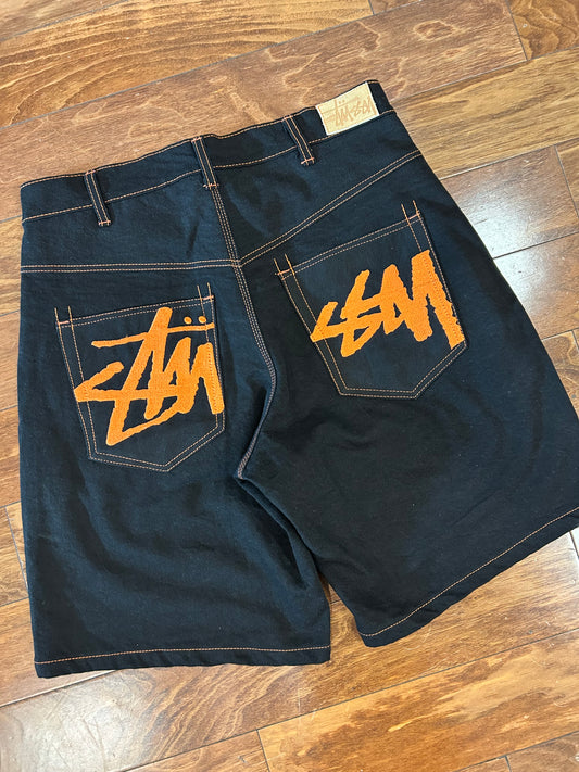 2010s Stussy Black & Orange Jean Shorts (34)