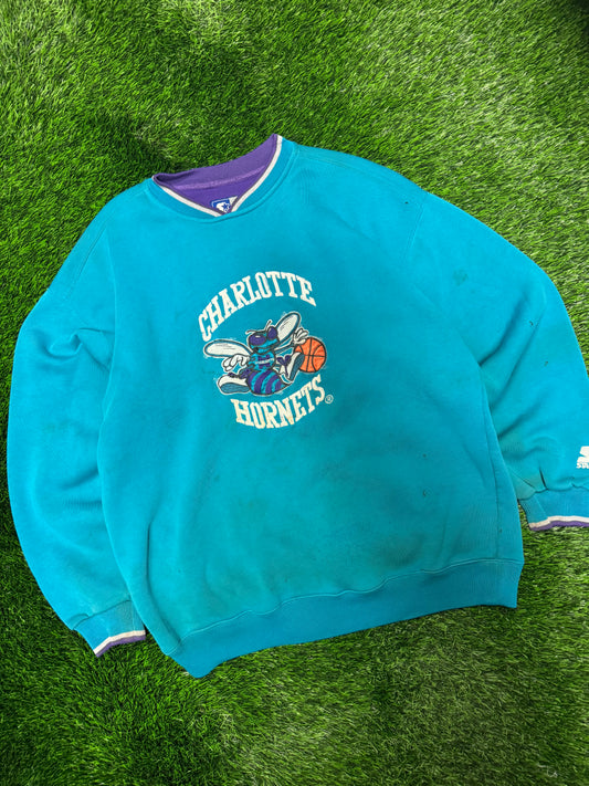 90s Charlotte Hornets Embroidered Thrashed Starter Crewneck (L)
