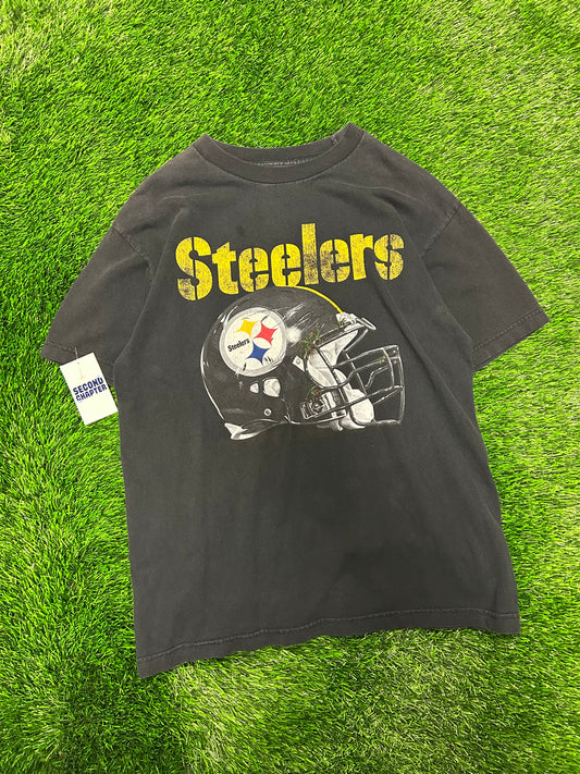00s Pittsburgh Steelers Helmet Spell Out Vintage Graphic Tee (XL)