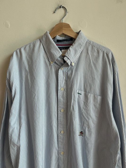 00s Tommy Hilfiger Pinstripe Blue Button Down Polo Shirt (XL)