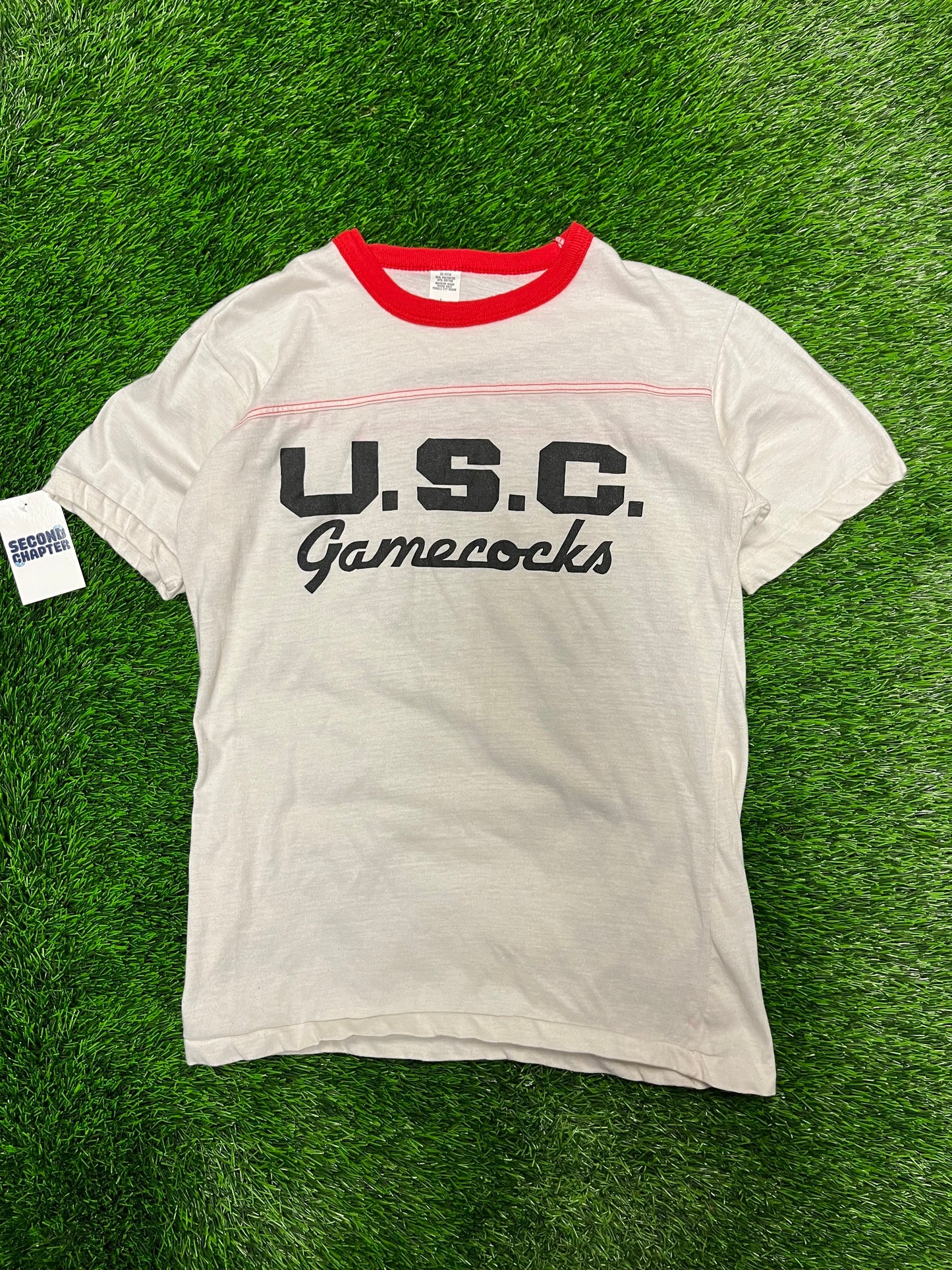 80s University Of South Carolina (USC) Gamecocks Spell Out Ringer Tee (L)