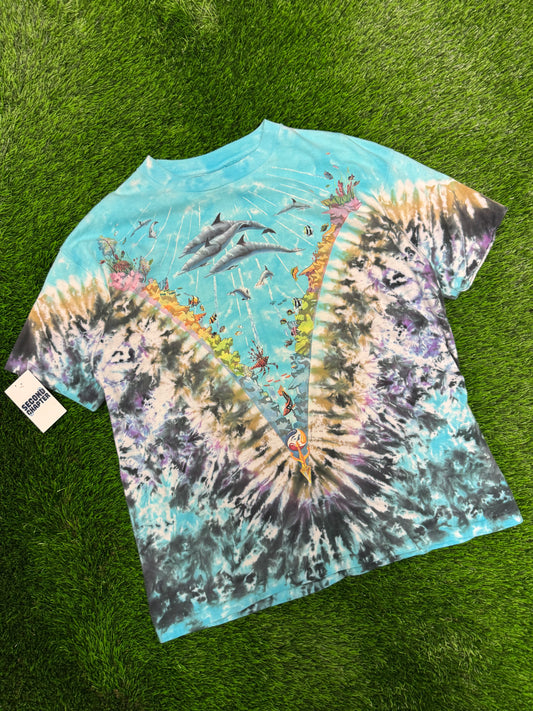 1990 Liquid Blue Tie Dye Aquatic All Over Print Vintage John Connell Art Tee (XL)