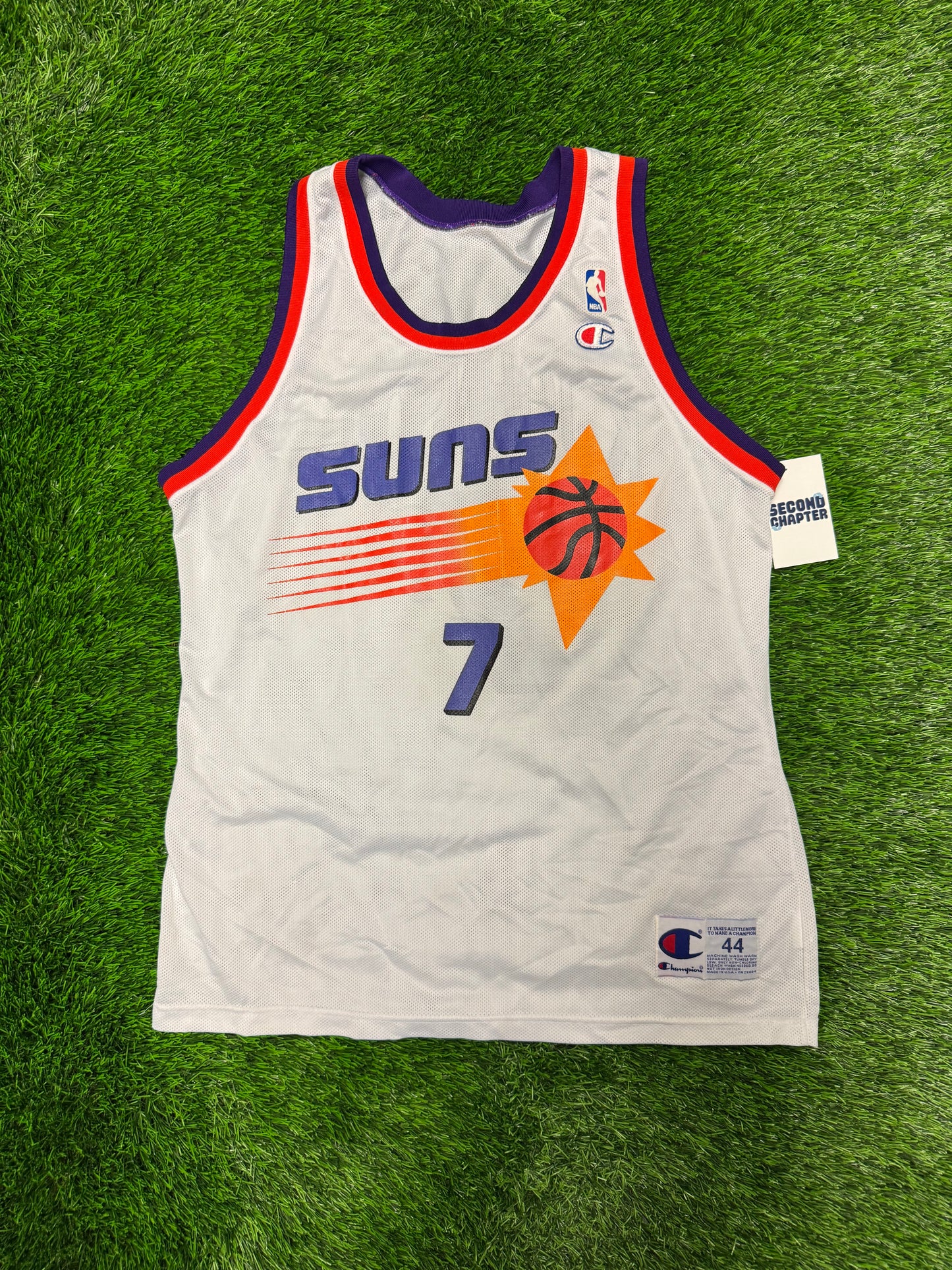 90s Phoenix Suns Kevin Johnson #7 Vintage Champion White "Sun Burst" NBA Jersey (M)