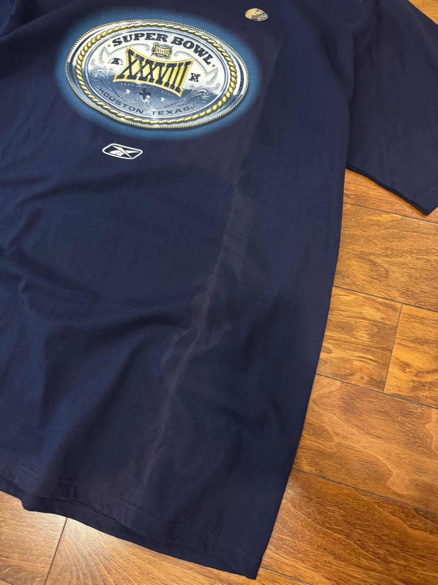 2004 New England Patriots Vs. Carolina Panthers Super Bowl Reebok Navy Tee (XL)