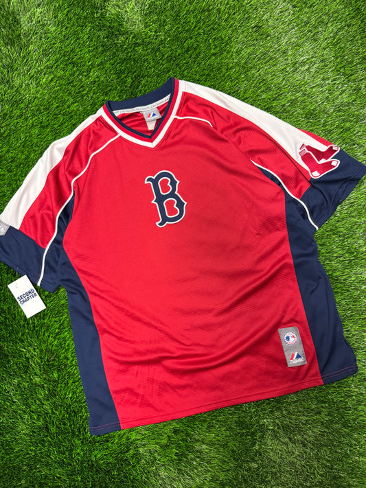 00s Boston Red Sox Red Majestics Warm Up MLB Baseball Jersey (XL)