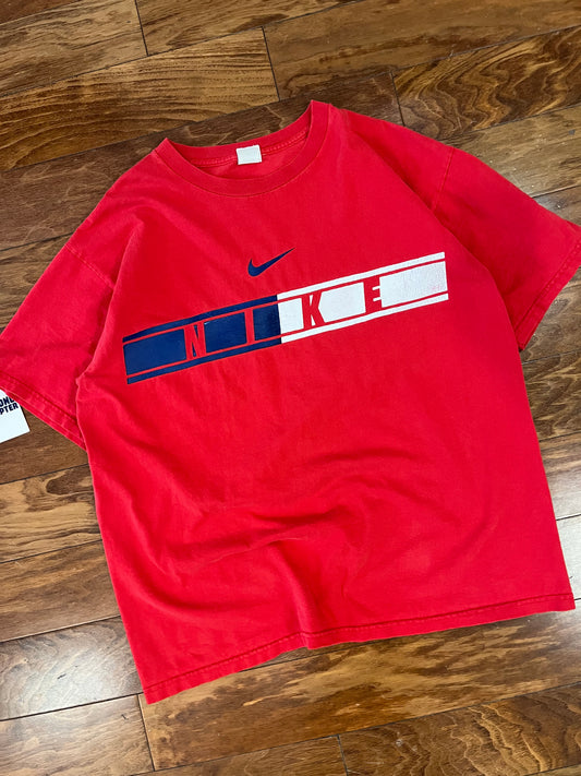 90s Nike Center Swoosh Spell Out Red Tee (XL)