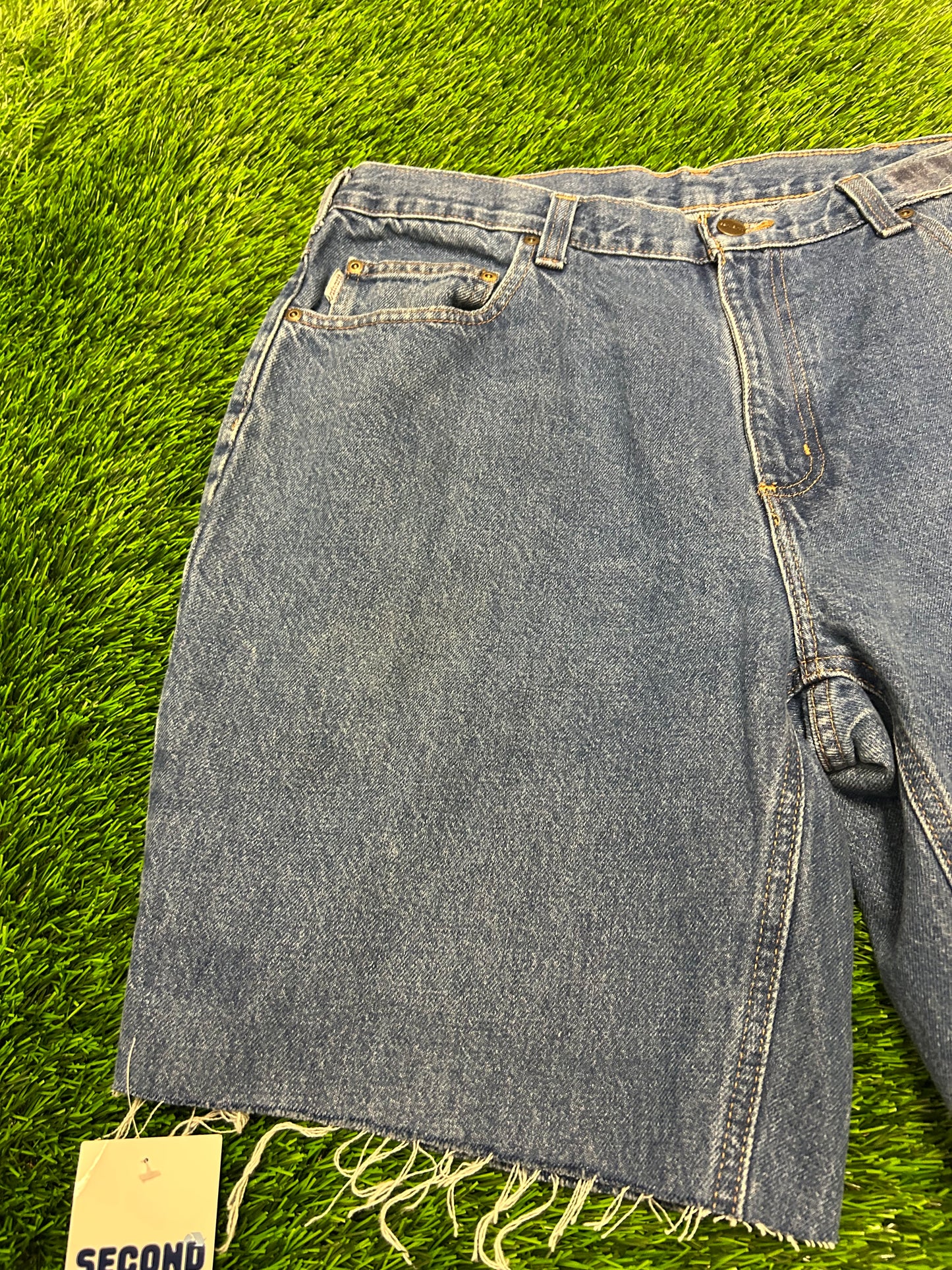Carhartt Dark Wash Frayed Cut Off Jean Shorts (36)